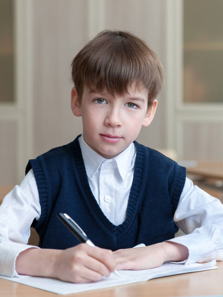 Diligent student sitting at desk, classroom - Фото, изображение