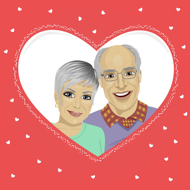 senior couple inside heart shaped frame - Vector, Image
