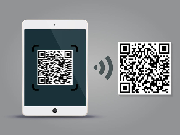 Códigos QR decodificação com um tablet - modelo de infográfico de negócios de código de resposta rápida
 - Vetor, Imagem