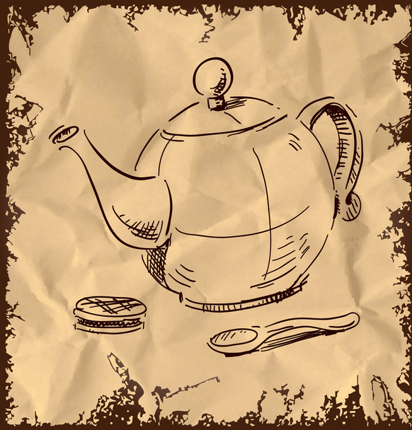 Kettle, spoon and biscuit icon isolated on vintage background. Hand drawing sketch vector illustration - Vettoriali, immagini