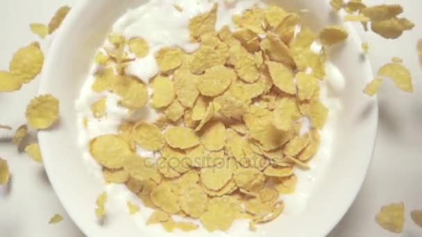 Super slow mo 960fps cornflakes  falling in milk top view - Metraje, vídeo