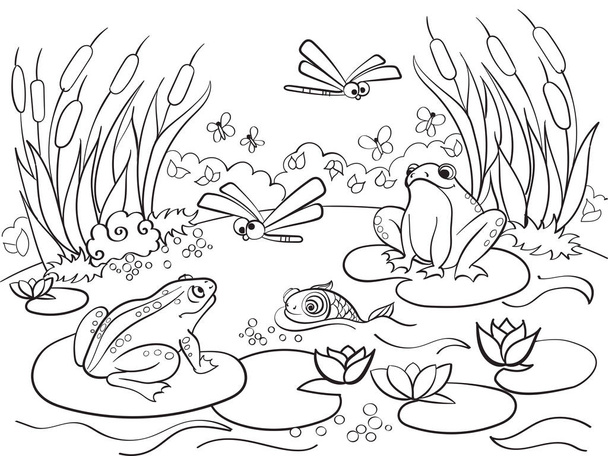paisagem pantanosa com animais vetor de coloração para adultos
 - Vetor, Imagem