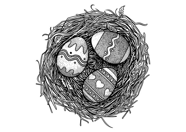 Πασχαλινό αυγό, φωλιά πουλιού, εικονογράφηση, σχέδιο, χαρακτική - Διάνυσμα, εικόνα