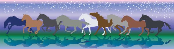 Vector background with horses running gallop in the night - Vector, Image