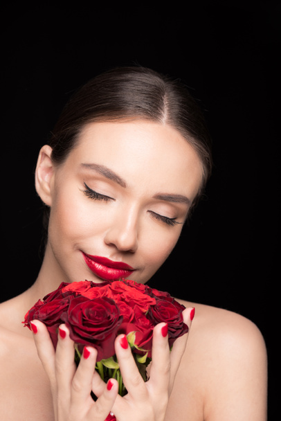 woman with roses bouquet - Foto, Imagem