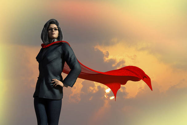 3D Illustrazione di donna d'affari vestita con un abito con un supereroe del Capo
 - Foto, immagini