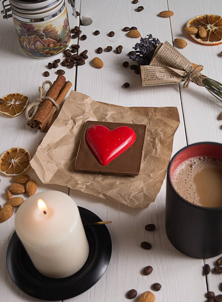 top view of red heart and coffee  - 写真・画像