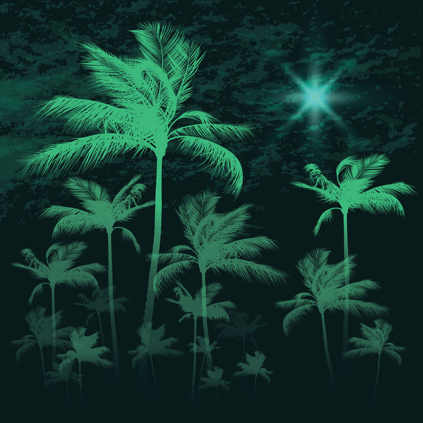 Tropical background with palm trees at nigh, vector illustration - Vector, Image