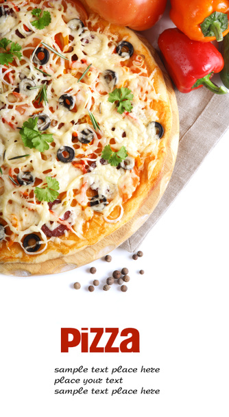 Pizza with ham, pepper and olives over white - Photo, Image