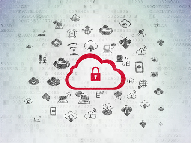 Návrh technologie cloud: Cloud s visacím zámkem na digitálních dat. papír na pozadí - Fotografie, Obrázek