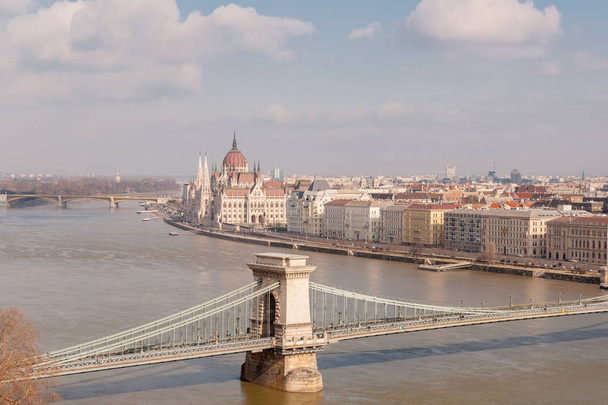 Panoramic overview of Budapest on foreground the Parliament building and chain bridge - Photo, image