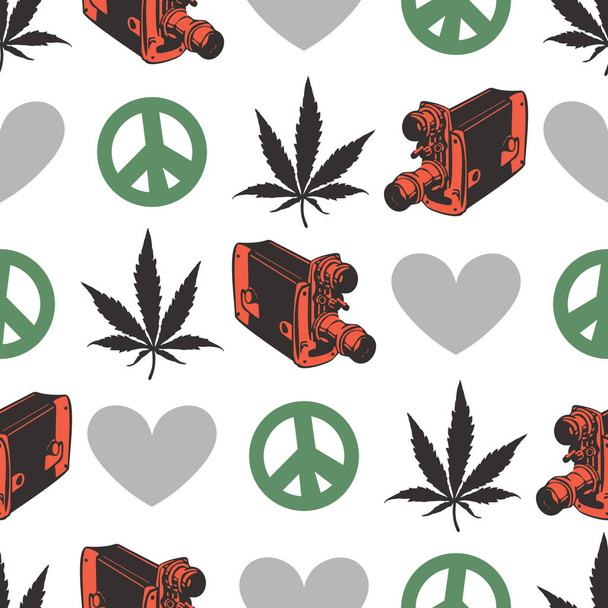 Hippie seamless pattern with marijuana leaves,  old camera, heart, peace symbol isolated on white. - Vecteur, image