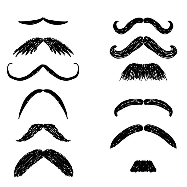 Set of hand drawn mustaches, black silhouettes. Collection of men's mustaches. Vector illustration. - Vettoriali, immagini