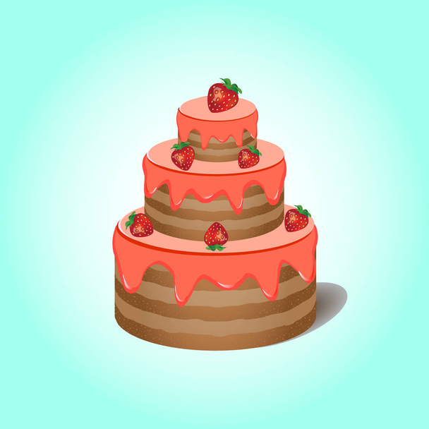 Three floors cake with cream and strawberry on blue background - Vector, Image