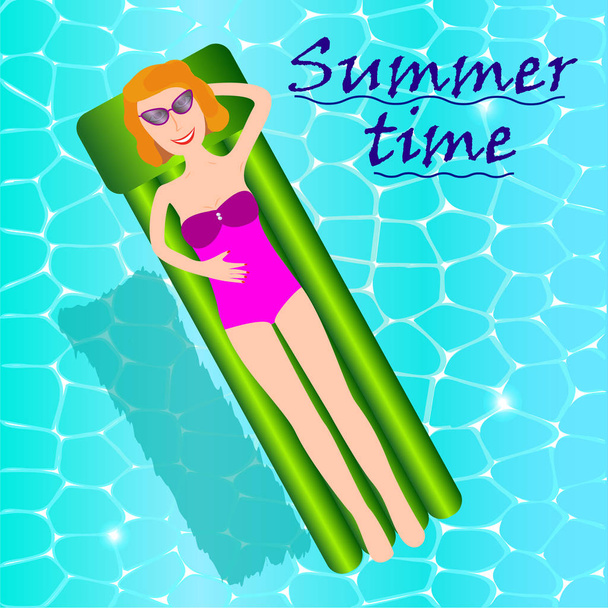 junge Frau im rosafarbenen Badeanzug hat Spaß und genießt den Sommer in einem fantastischen großen Swimmingpool. junges hübsches Mädchen schwimmt auf aufblasbarer Matratze. stylische transparente Mütze. Strandparty. - Vektor, Bild
