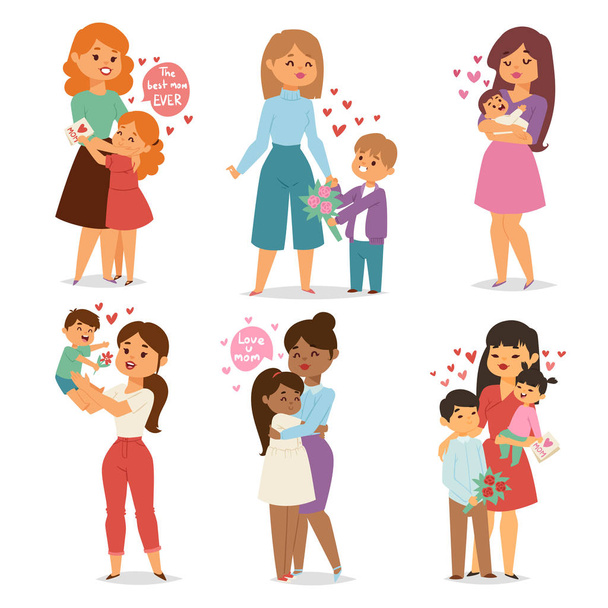 Mother and children with flower bouquet. Mothers and womans day vector. - Vector, Image