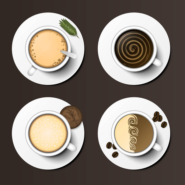Coffee cups assortment top view collection vector illustration. - Вектор,изображение