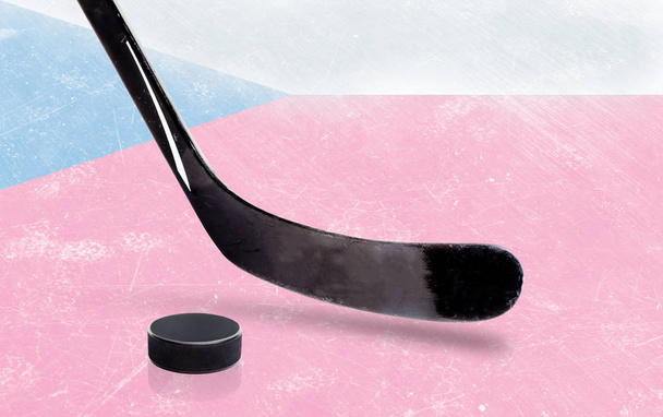 Hockey Stick és a korongot a Cseh Köztársaság lobogója a jégen - Fotó, kép