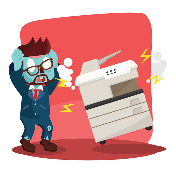 zombie businessman panic because broken photocopy machine - Vector, imagen