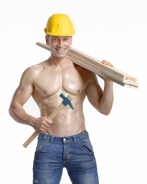 Worker holding a hood boards on white background. - Φωτογραφία, εικόνα