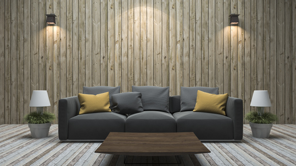 3D render ahşap duvar oturma odası renkli kanepe - Fotoğraf, Görsel