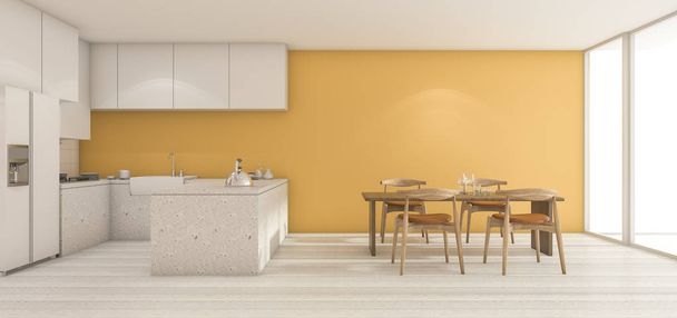 3D rendering brede gele muur keuken met eettafel in een schone toestand - Foto, afbeelding