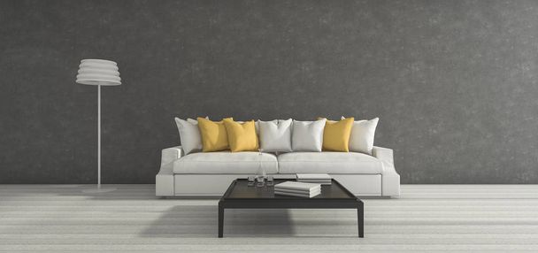 3d renderizado amplio y mínimo loft habitación gris con sofá amarillo y decoración
 - Foto, imagen