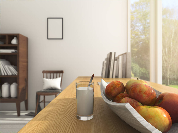 3d profondeur d'équarrissage de pomme de champ et de lait sur la table de travail le matin d'été
 - Photo, image