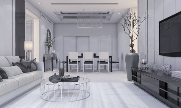 3d візуалізація красивого сучасного дизайну розкішної вітальні та їдальні з сірим диваном і телевізійною полицею та обіднім столом
 - Фото, зображення