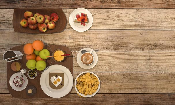 3d rendendo bella colazione colorata composta da pane e frutta e caffè e latte sul tavolo di legno
 - Foto, immagini