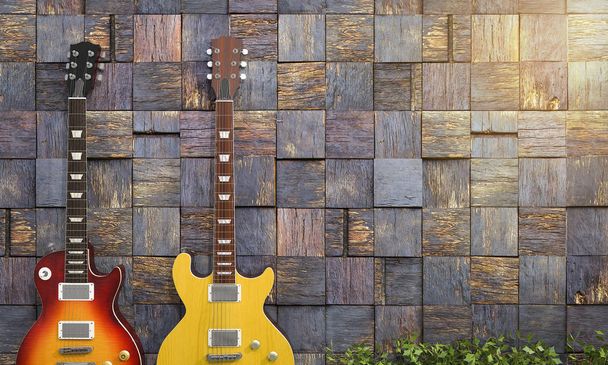 3d rendering pair of electrical guitar near romantic wall - Photo, Image
