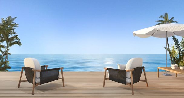 3D rendering van de mooie fauteuil op terras in de buurt van strand met mooie hemel view en palm tree in Hawaï - Foto, afbeelding