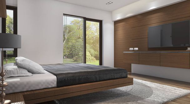 drewna nowoczesnym stylu renderowania 3D sypialnia z tv w pobliżu okna - Zdjęcie, obraz