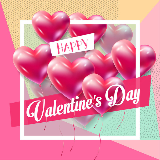 Šťastný Valentýn vector šablony přání. Romantický plakát s balónky srdce, slavnostní pozadí. Láska, plakát, banner, ručně vyrobené e-card. Reklama, design. - Vektor, obrázek