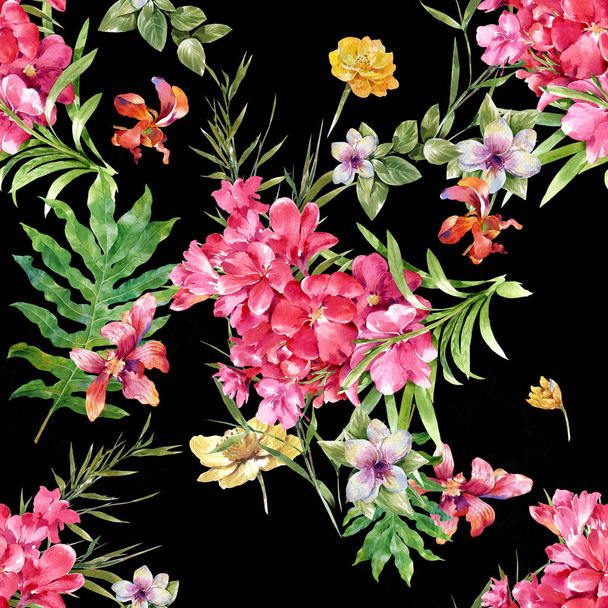 Watercolor painting of leaf and flowers, seamless pattern on dark background illustration - Fotó, kép