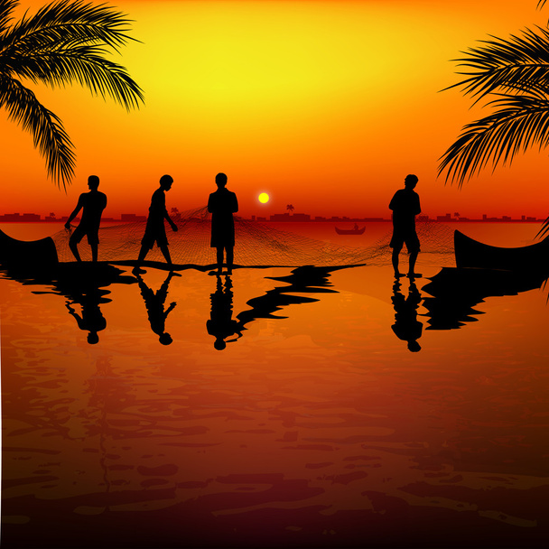 silhouet weergave van vissers - Foto, afbeelding