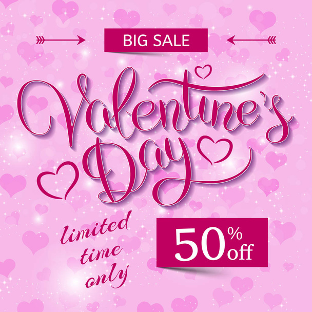 Valentines day verkoop achtergrond met belettering, gloeiend van sterren en - Vector, afbeelding