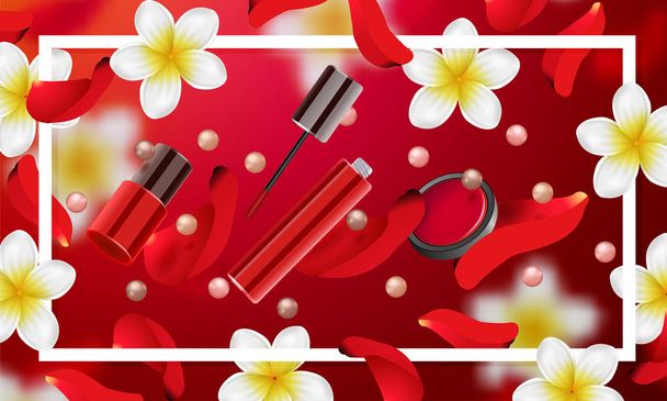 Kosmetyki dekoracyjne tworzą Akcesoria kosmetyczne sklep. Latem lub wiosną tło z tropikalnych kwiatów i płatki róż - Wektor, obraz