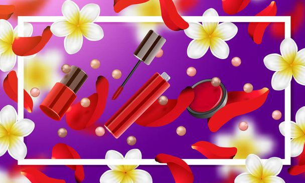 dekorativní kosmetiky tvoří příslušenství krásy obchod. Letní nebo jarní pozadí s tropickými květinami a okvětními lístky růží - Vektor, obrázek