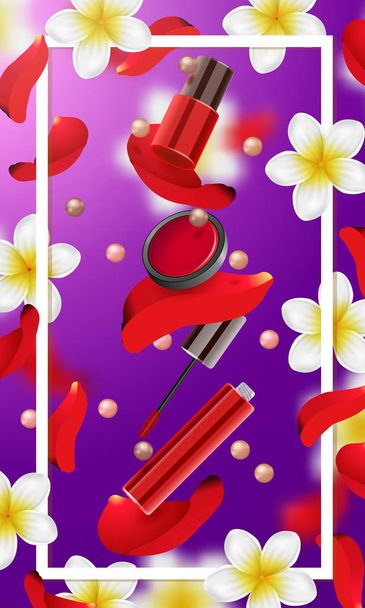 Dekorative Kosmetik Make-up Accessoires Beauty Store. Sommer oder Frühling Hintergrund mit tropischen Blumen und Rosenblättern - Vektor, Bild