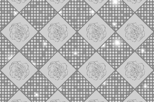 Textúra vintage stílusú ezüst varrat nélküli sakk szegfűszeg, virágok és fényes fordulóban. Vektoros illusztráció - Vektor, kép