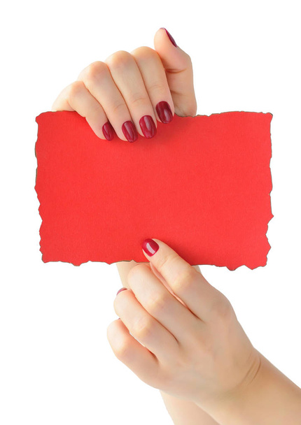 Mains tenant du papier rouge isolé sur fond blanc. vide vide pour votre texte
. - Photo, image