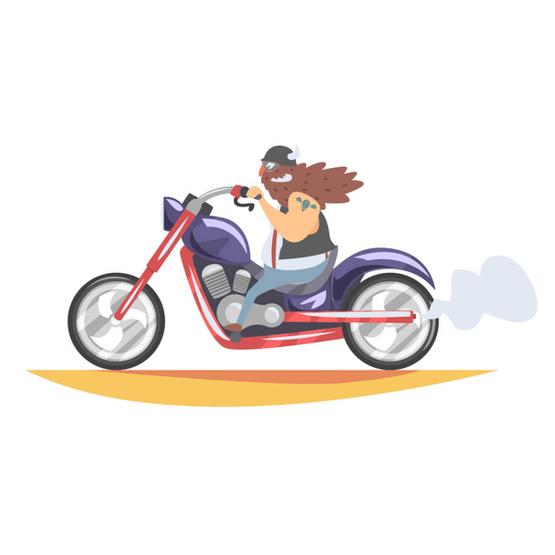 Törvényen kívüli motoros klub tagja, hosszú szakállal és lovaglás bőr mellény és mosolyogva nehéz Chopper Tattoo - Vektor, kép
