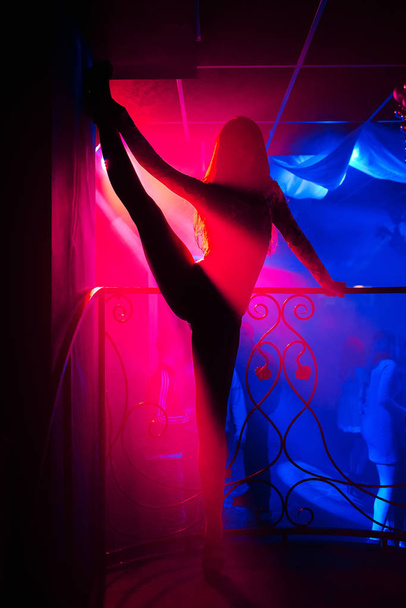 ευέλικτο κορίτσι που παρουσιάζουν σε ένα νυχτερινό κέντρο διασκέδασης σιλουέτα ανασηκώνοντας το πόδι του - Φωτογραφία, εικόνα
