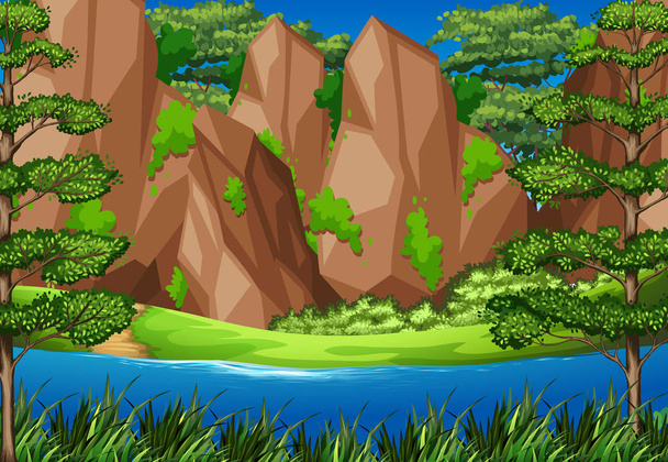 River scene with mountains in forest - Vector, Image