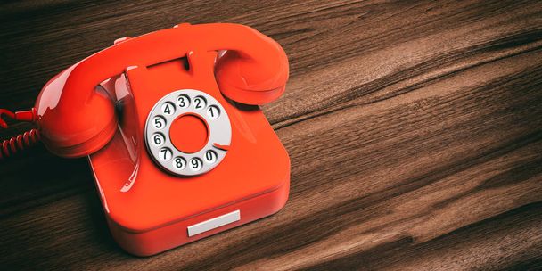 Красный старый телефон на деревянном фоне. 3d иллюстрация
 - Фото, изображение