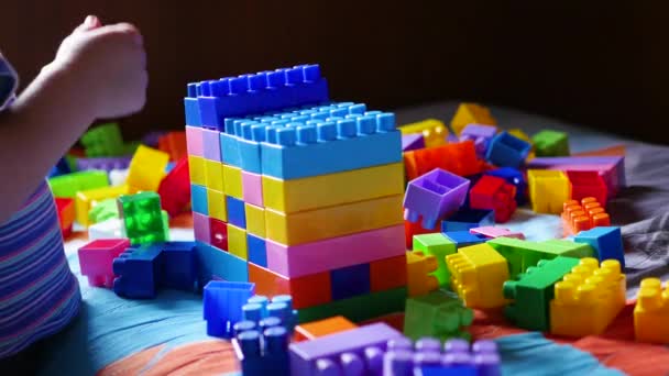 Un niño pequeño juega en el constructor. Juego de los niños diseñador. Cubos de colores
. - Metraje, vídeo