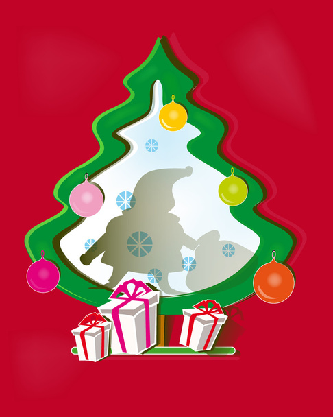 κόκκινο φόντο με χαρτί χριστουγεννιάτικο δέντρο, Άγιος Βασίλης και ΔΩΡΑ - Διάνυσμα, εικόνα