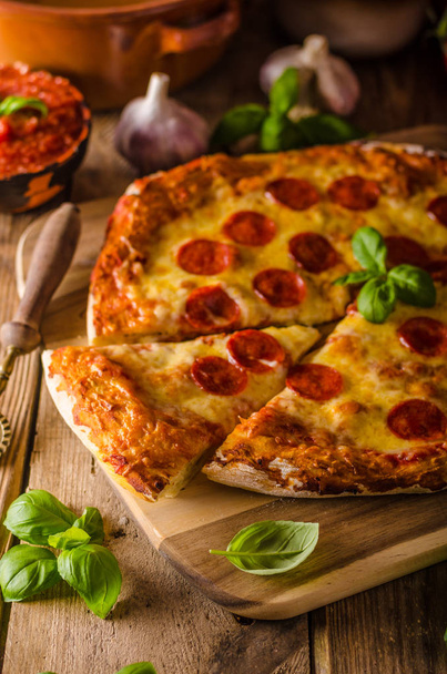 Házi sajtos pizza szalámival - Fotó, kép