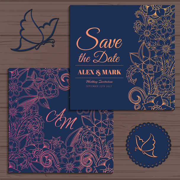 Casamento convite cartão suite com flor Templates.Vector Ilustração
 - Vetor, Imagem